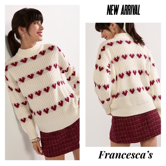 (53) Francesca’s Gina Heart Striped Mock Neck Pullover Sweater - Picture 1 of 6